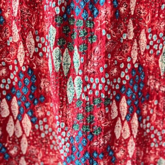 Loft Blouse M Red White Blue Long Sleeve Geometric Tie Neck Ruffle Boho Career - Picture 5 of 8